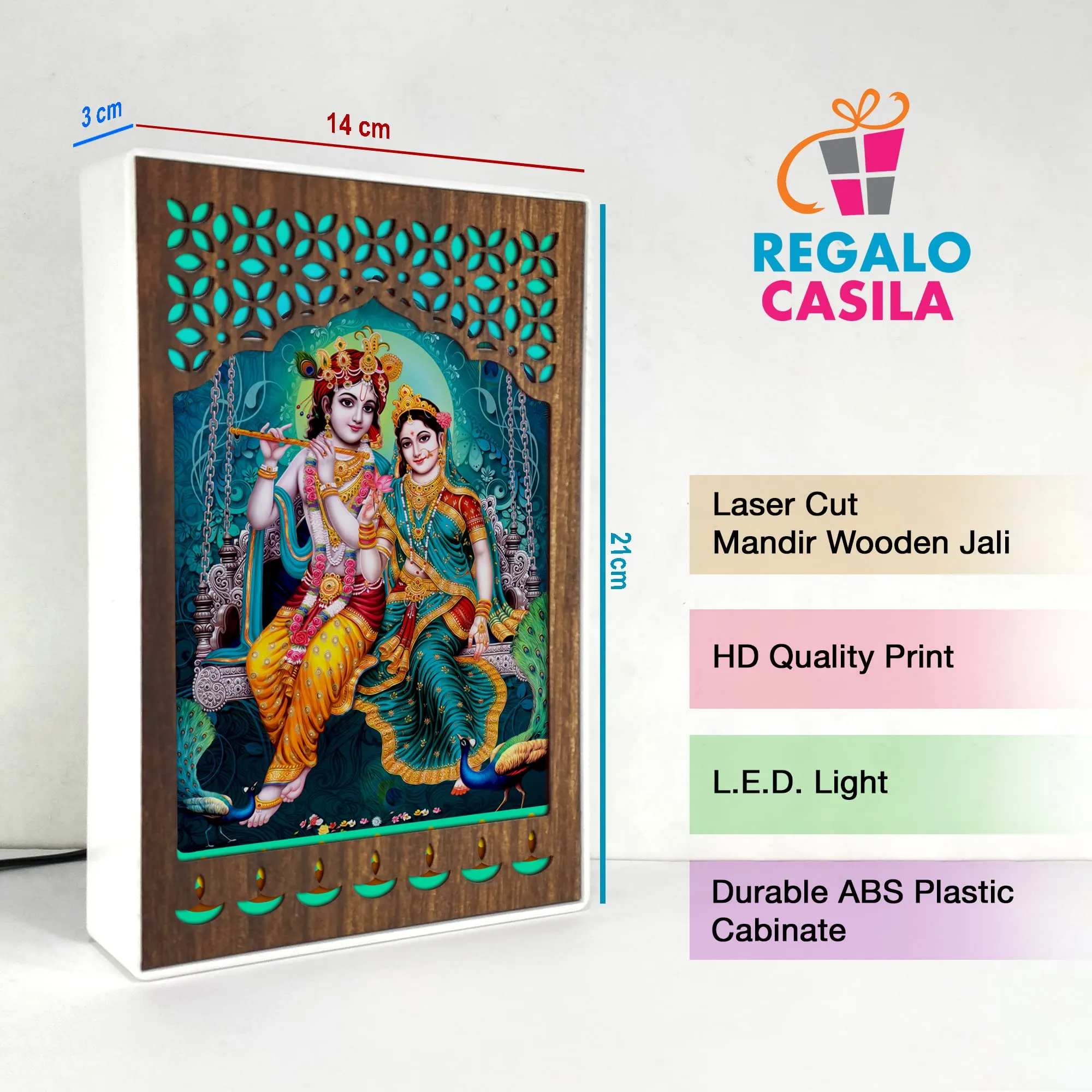 REGALOCASILA Lord Krishna & Radha Playing Fluet On Jhula Photo Frame With Light For Pooja Room | LED Jali Mandir | Gifts For Any Occasion Table Decor| Size: 6 x 9 Inches 7DGLF347 Multicolour