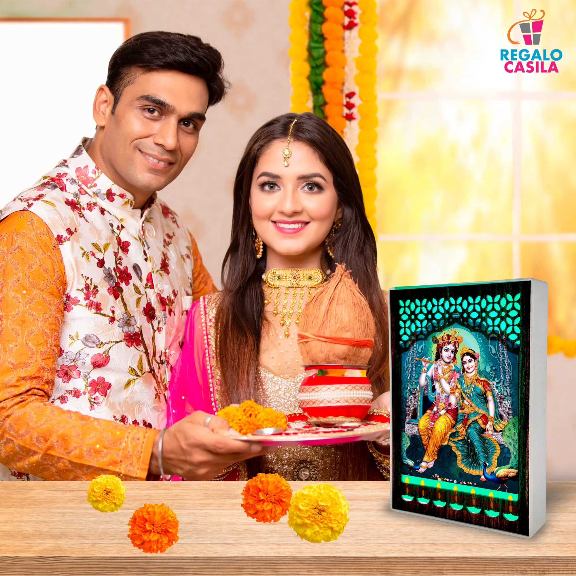 REGALOCASILA Lord Krishna & Radha Playing Fluet On Jhula Photo Frame With Light For Pooja Room | LED Jali Mandir | Gifts For Any Occasion Table Decor| Size: 6 x 9 Inches 7DGLF347 Multicolour