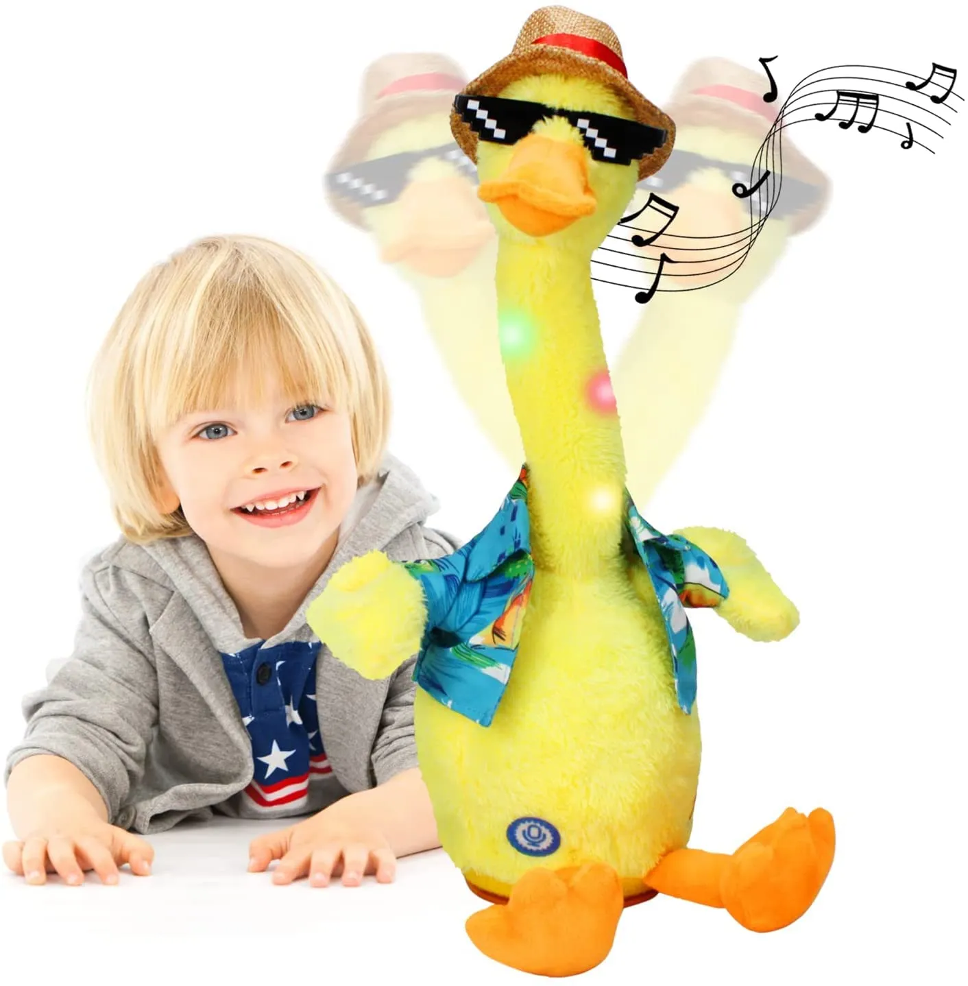 SHINETOY 13" Talking Dancing Duck, Repeating What You Say Mimicking Recording Plush Baby Toy Musical English Song Singing Talking of Lighting Up Toy for Boy Kid, Yellow