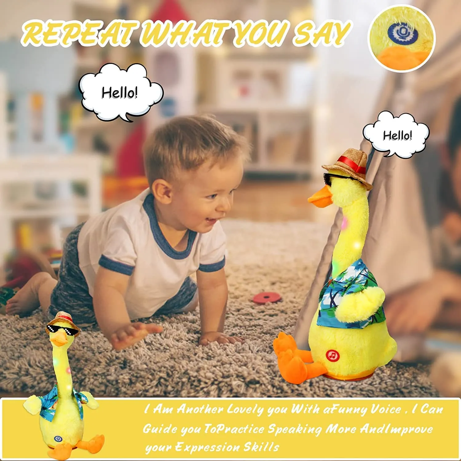 SHINETOY 13" Talking Dancing Duck, Repeating What You Say Mimicking Recording Plush Baby Toy Musical English Song Singing Talking of Lighting Up Toy for Boy Kid, Yellow