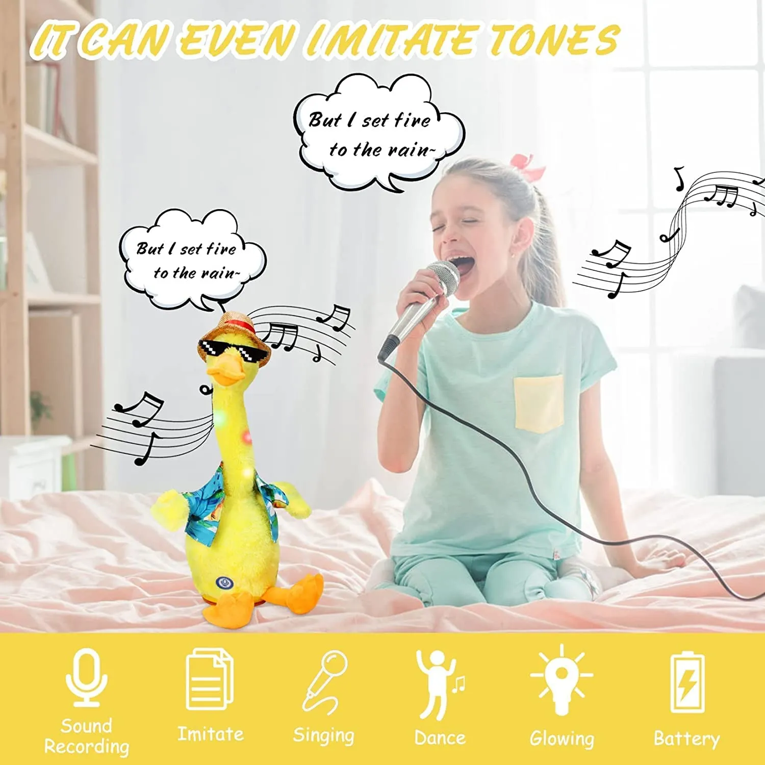 SHINETOY 13" Talking Dancing Duck, Repeating What You Say Mimicking Recording Plush Baby Toy Musical English Song Singing Talking of Lighting Up Toy for Boy Kid, Yellow