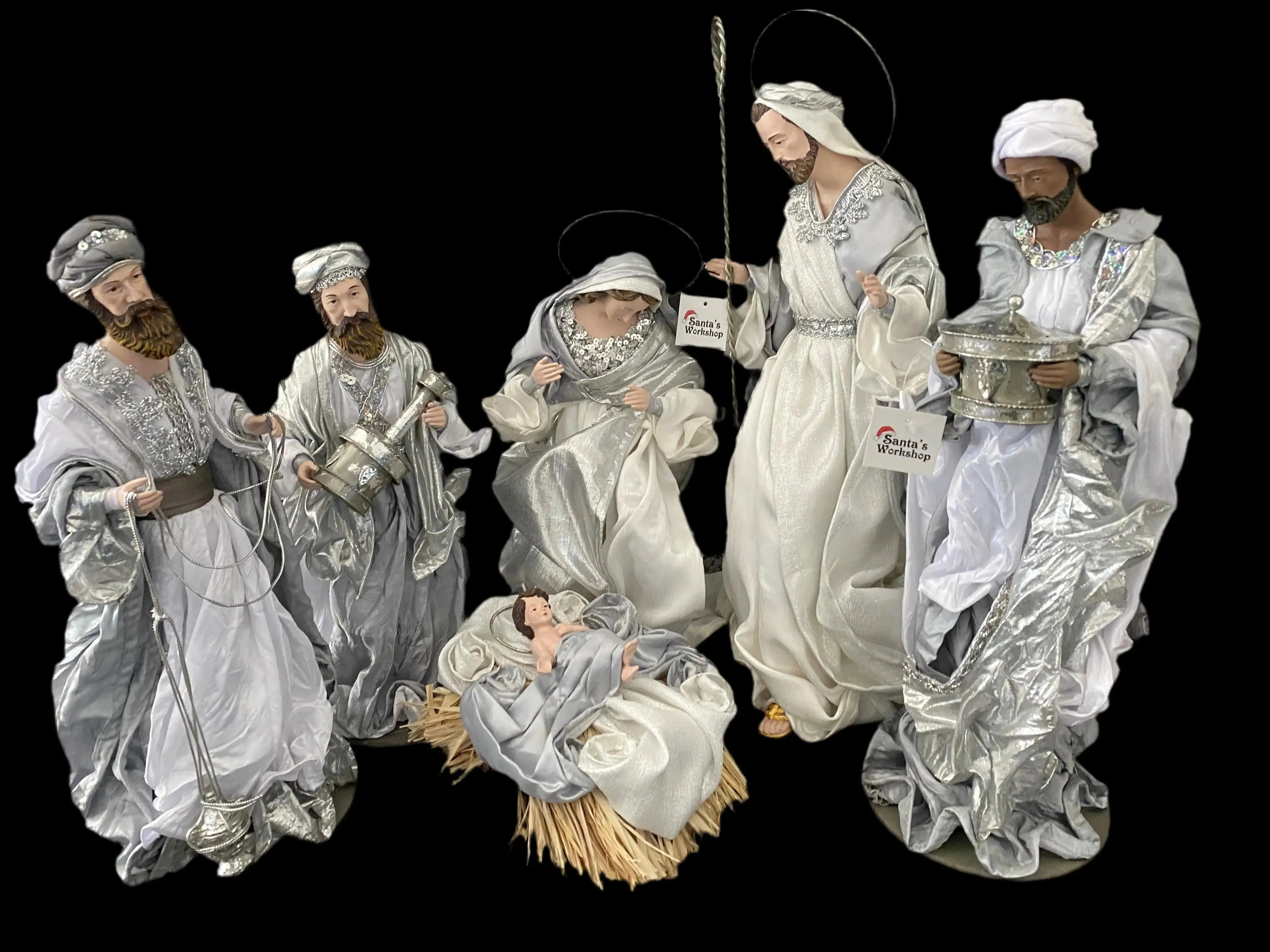 Silver white Christmas Nativity with manger  -35-50cm