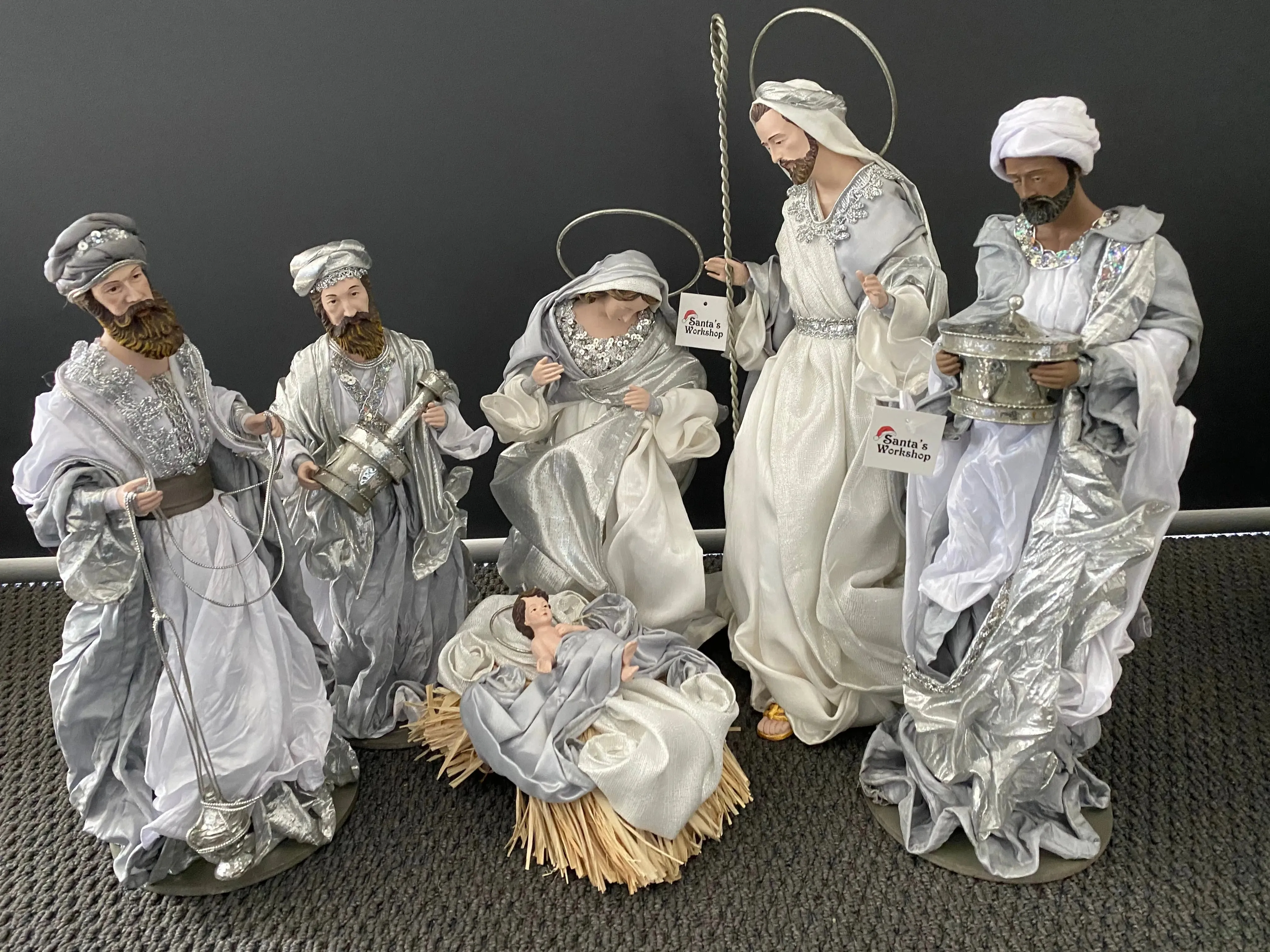 Silver white Christmas Nativity with manger  -35-50cm