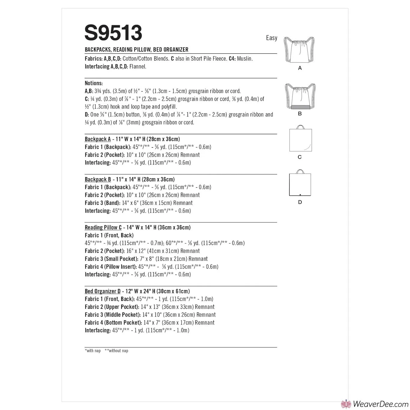 Simplicity Pattern S9513 Backpacks, Reading Pillow, Bed Organizer