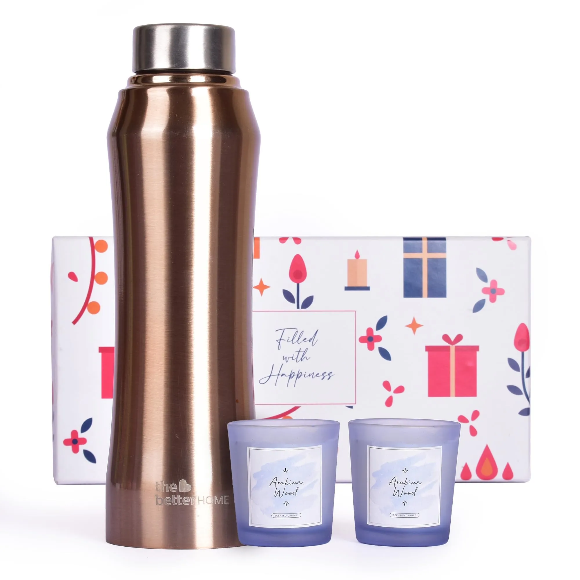 The Better Home Gift Set for Housewarming, Diwali | Gift Box of 3 with Stainless Steel Bottle(Gold, 1 LTR) & 2 Candles(Arabian Wood, 60gm) | Gift for Housewarming, Secret Santa Gifts