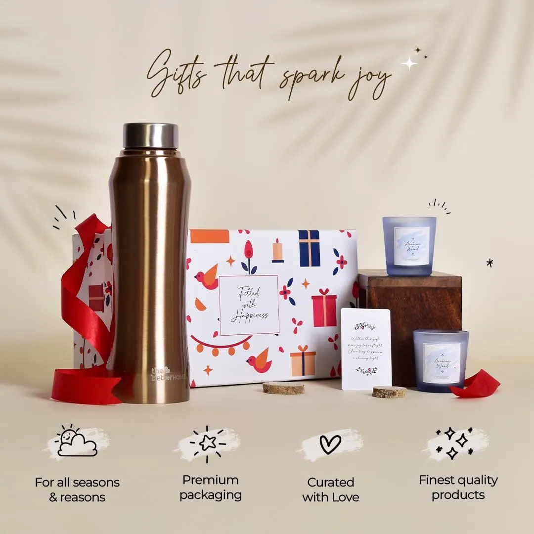 The Better Home Gift Set for Housewarming, Diwali | Gift Box of 3 with Stainless Steel Bottle(Gold, 1 LTR) & 2 Candles(Arabian Wood, 60gm) | Gift for Housewarming, Secret Santa Gifts