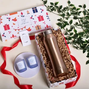 The Better Home Gift Set for Housewarming, Diwali | Gift Box of 3 with Stainless Steel Bottle(Gold, 1 LTR) & 2 Candles(Arabian Wood, 60gm) | Gift for Housewarming, Secret Santa Gifts