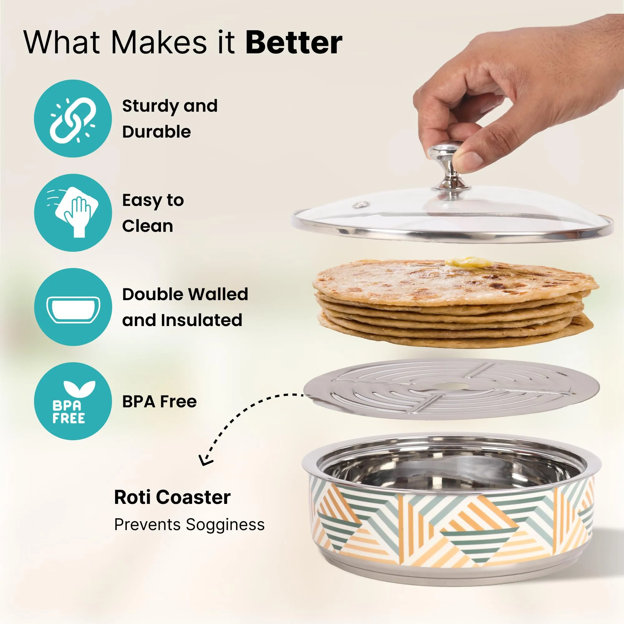 The Better Home Stainless Steel Insulated Casserole For Roti (1.5L) | Hot Boxes For Kitchen | Serving Bowl Set | Kitchen Gift Items | Roti/Chapati Storage Box | House Warming Gifts (Design 2)