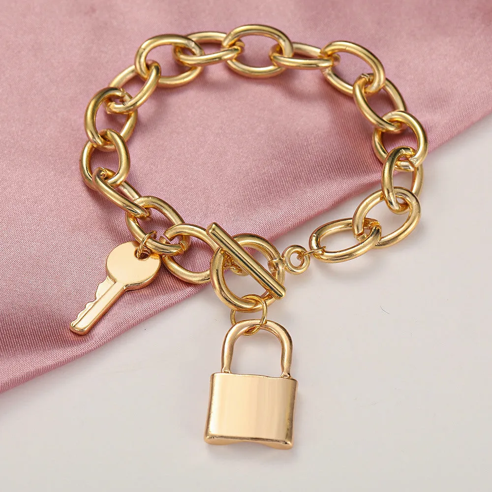 Thick Chain Charms Key & Lock Pendant Anklet Gold Bracelet for Knowledge, Success and Safety