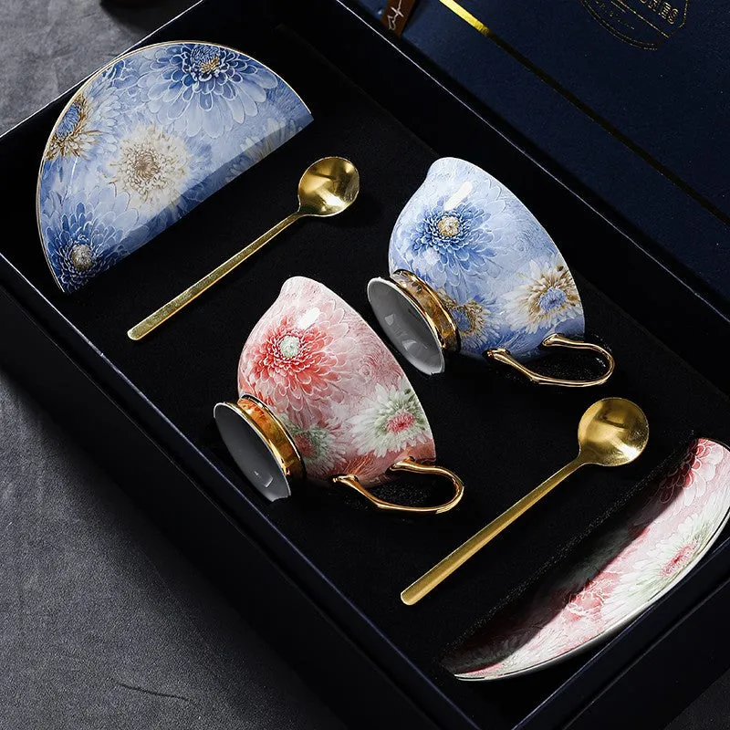 Unique Tea Cups and Saucers in Gift Box, Blue and Pink Beautiful British Tea Cups, Elegant Ceramic Coffee Cups, Creative Bone China Porcelain Tea Cup Set