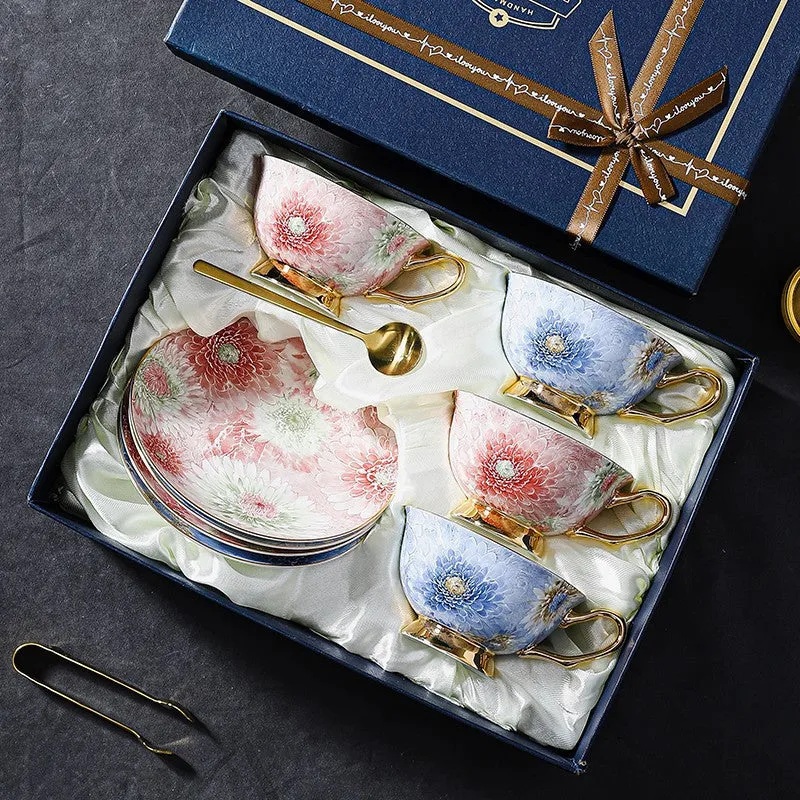 Unique Tea Cups and Saucers in Gift Box, Blue and Pink Beautiful British Tea Cups, Elegant Ceramic Coffee Cups, Creative Bone China Porcelain Tea Cup Set