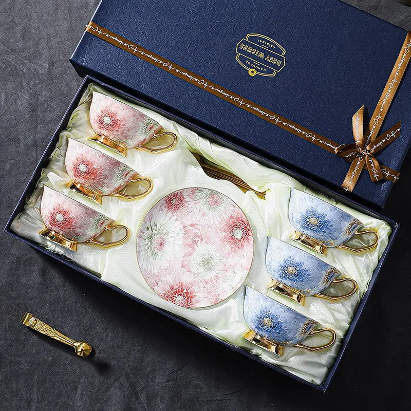 Unique Tea Cups and Saucers in Gift Box, Blue and Pink Beautiful British Tea Cups, Elegant Ceramic Coffee Cups, Creative Bone China Porcelain Tea Cup Set