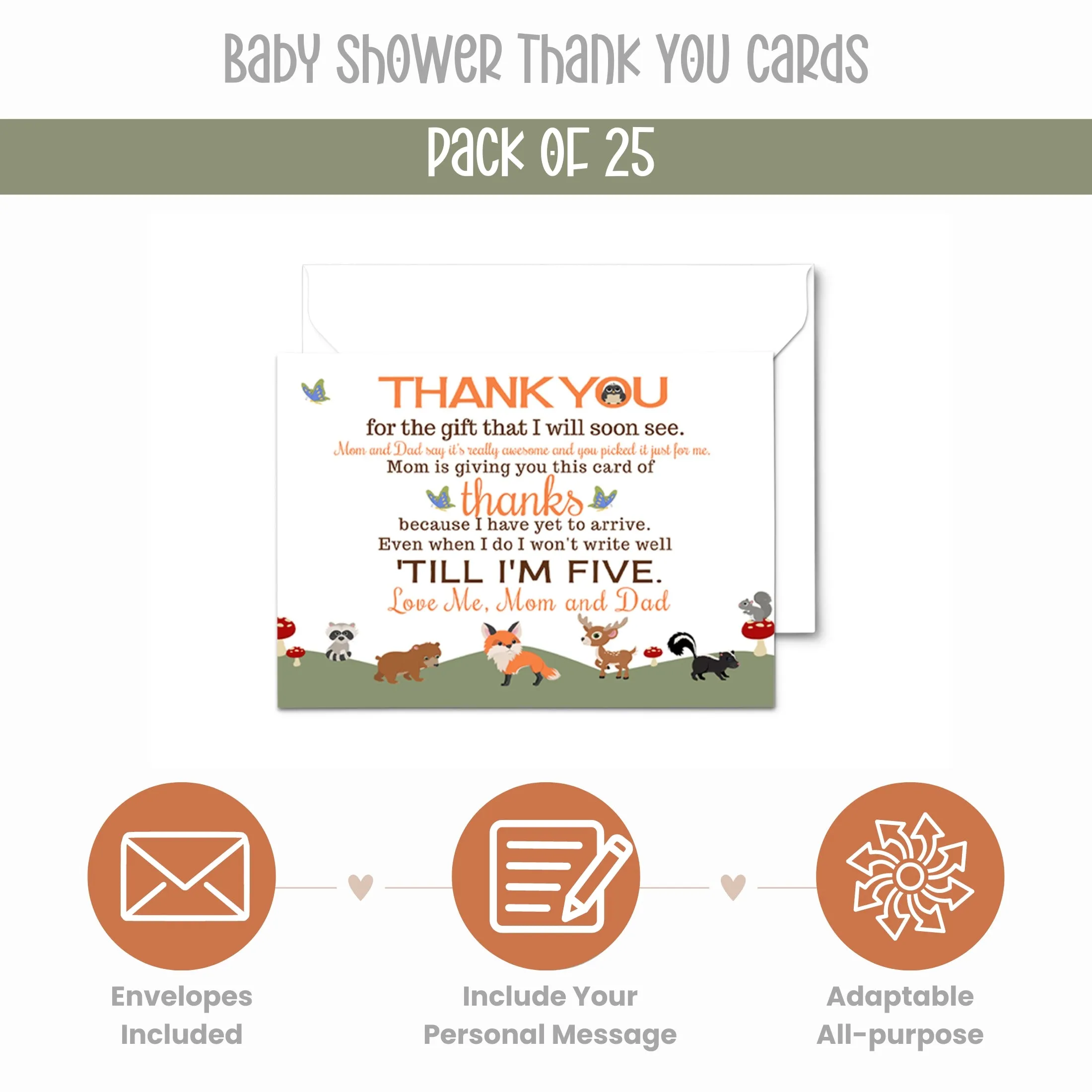 Woodland Thank You Cards for Baby Shower – Gender Neutral Notecards (Pack of 25)