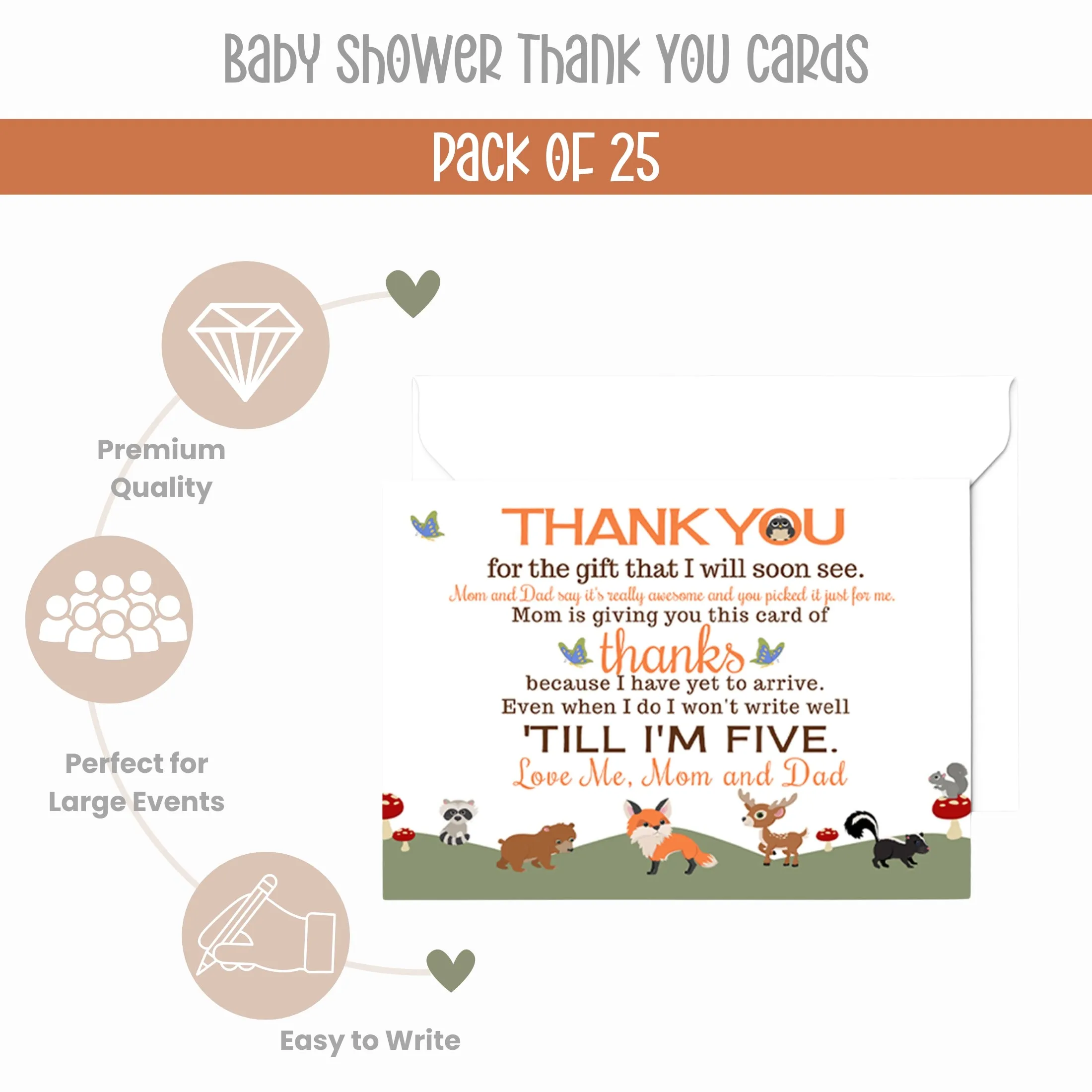 Woodland Thank You Cards for Baby Shower – Gender Neutral Notecards (Pack of 25)