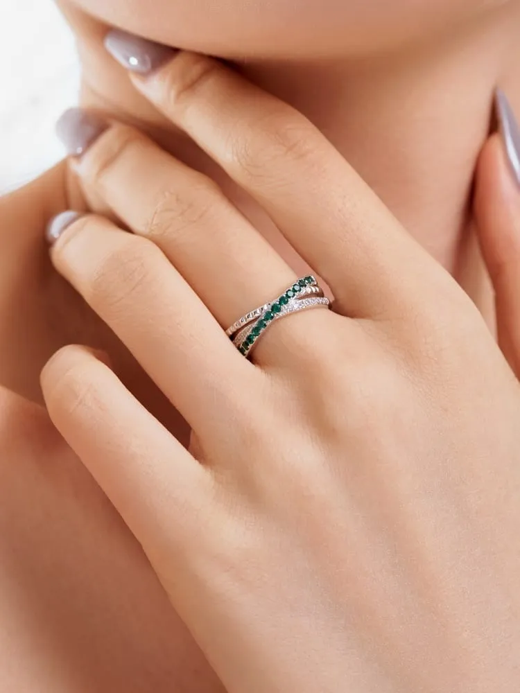 X Stacked Ring, Zircon 925 Sterling Silver Colorful Statement X Ring