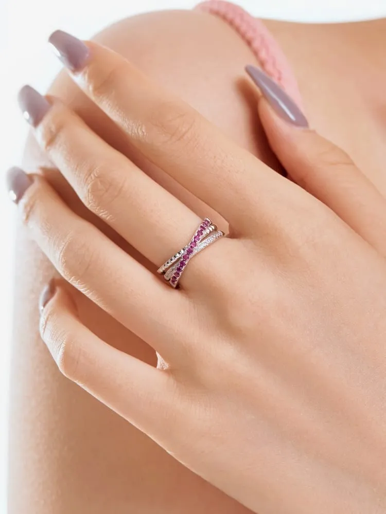 X Stacked Ring, Zircon 925 Sterling Silver Colorful Statement X Ring